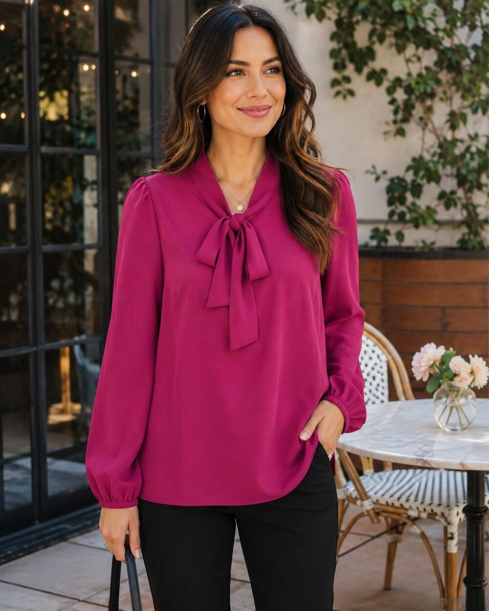 Tulip B Magenta Tie Neck Bow Blouse Medium Long Sleeve NWT